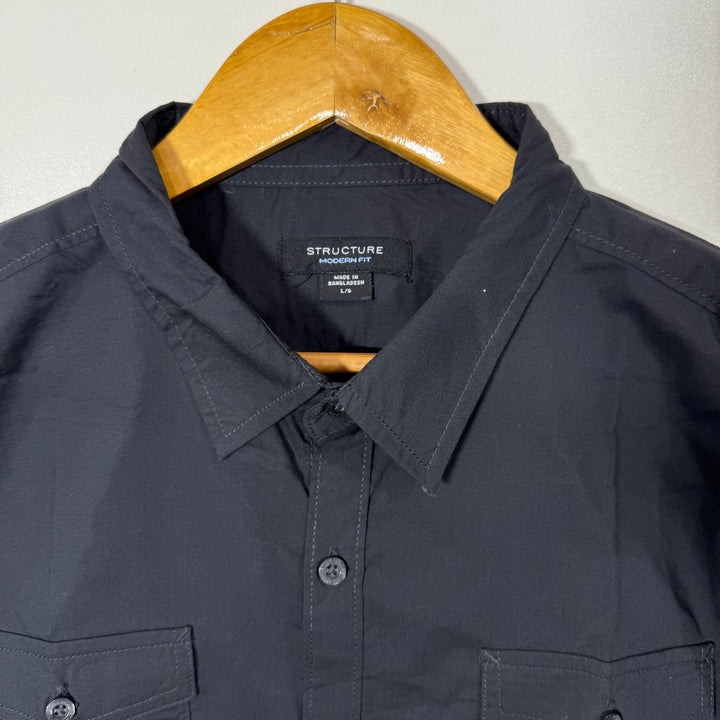 STRUCTURE MODERN FIT DOUBLE POCKETS CASUAL COTTON SHIRT BRAND NEW BLACK COLOUR