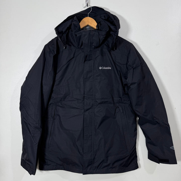 COLUMBIA OMNI TECH WEATHERPROOF BREATHABLE TWO IN ONE JACKET SOFT SHELL WINDBREAKER JACKET INNER DUCK DOWN PUFFER JACKET BLACK COLOUR WITH DETACHABLE HOOD